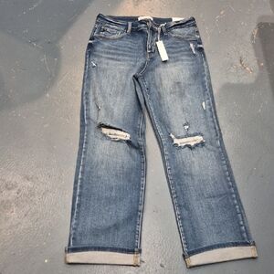 Women's Blue Midrise Straight Leg Distressed Jeans
